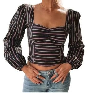 Free People Sunshine In Sicily Balloon Sleeve Stripe Top Sz XS, Navy